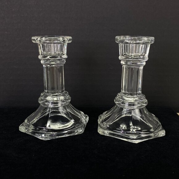 FTDA Clear Glass Taper Candlesticks 4 Inch Set Of 2 Hexagonal Base - Picture 3 of 8